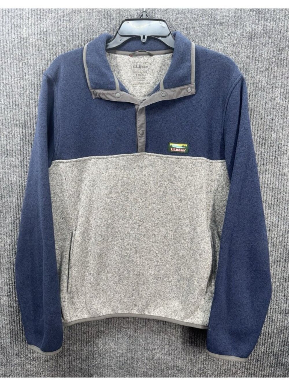 LL Bean Pullover Mens Large Blue Gray 1/4 Snap Slightly Fitted Fleece Sweater